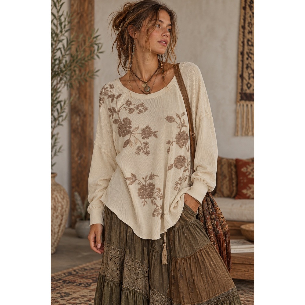 Johnny Was Cream Floral Embroidered Waffle Thermal Boho Cottagecore Womens Large